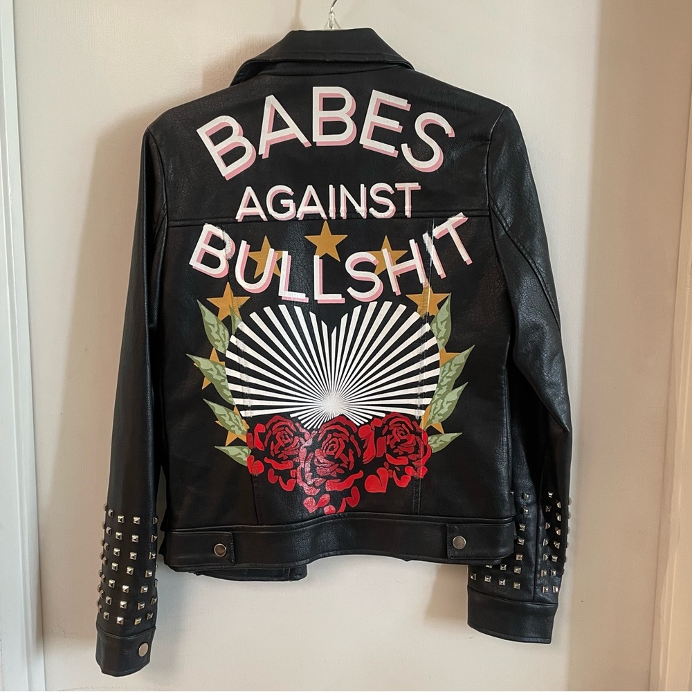Nasty Gal Painted Black Faux Leather Jacket with Studs
